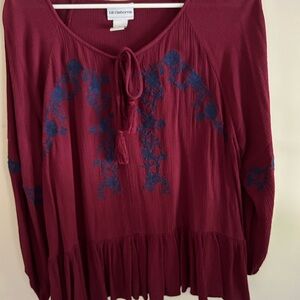 Liz Claiborne Burgundy Blouse with Blue embroidered Floral Design size L